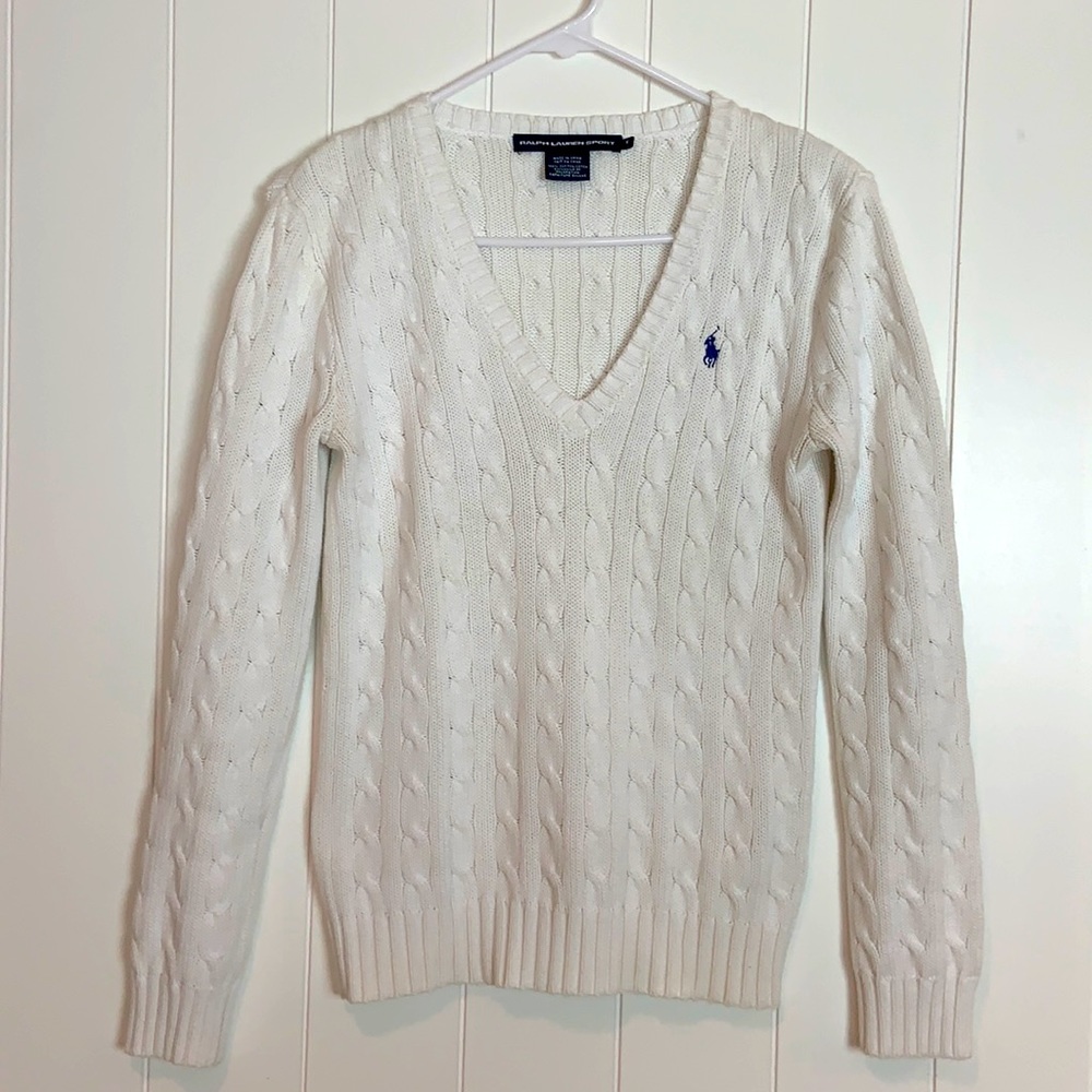 Ralph Lauren Women's V-Neck Cable-Knit White long sleeve Sweater Size Medium